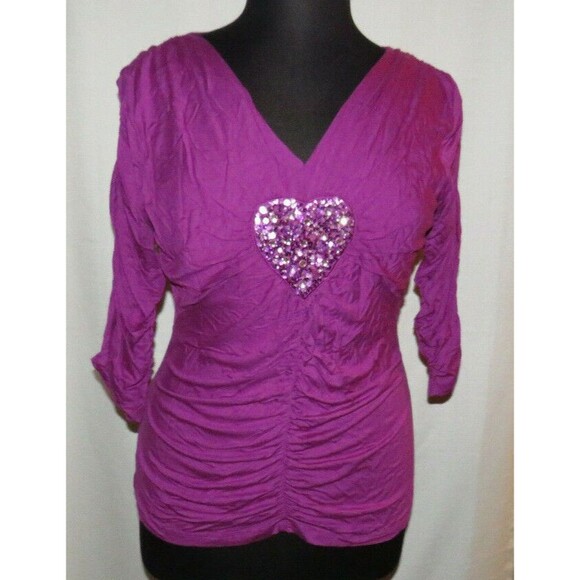 Marc Bouwer Women's Magenta Sequined Heart Ruched Fitted Top Size XL - Picture 4 of 8